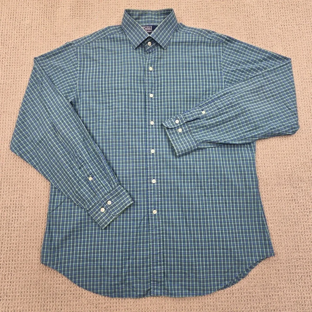 Polo Ralph Lauren Regent Classic Fit Long‎ Sleeve Shirt Green Blue Plaid Mens XL